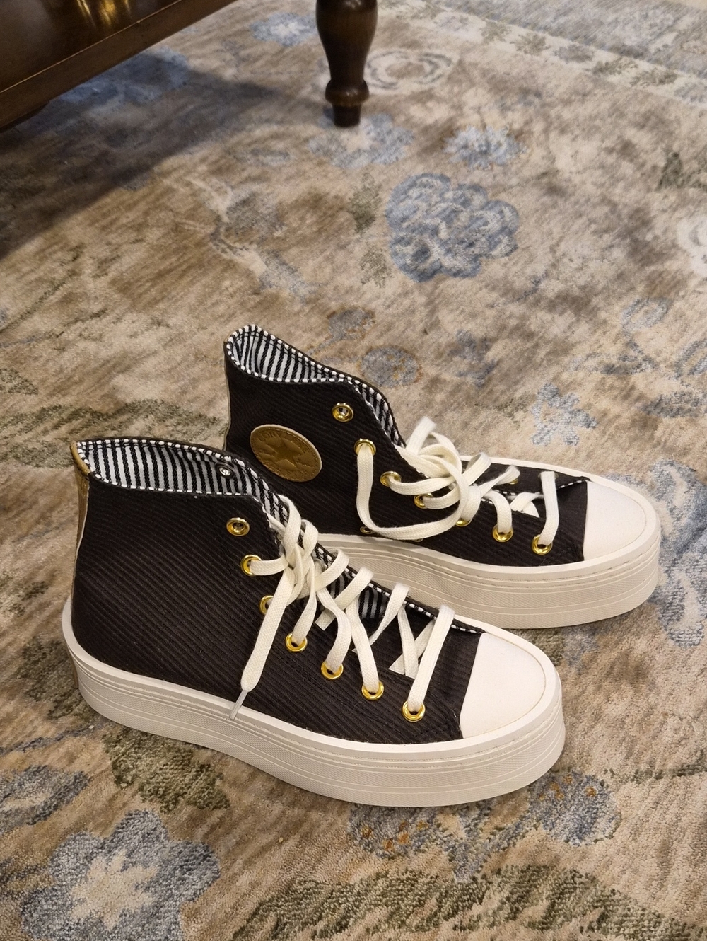 Chocolate Brown Corduroy High-Top Platform Sneakers with Gold Eyelets